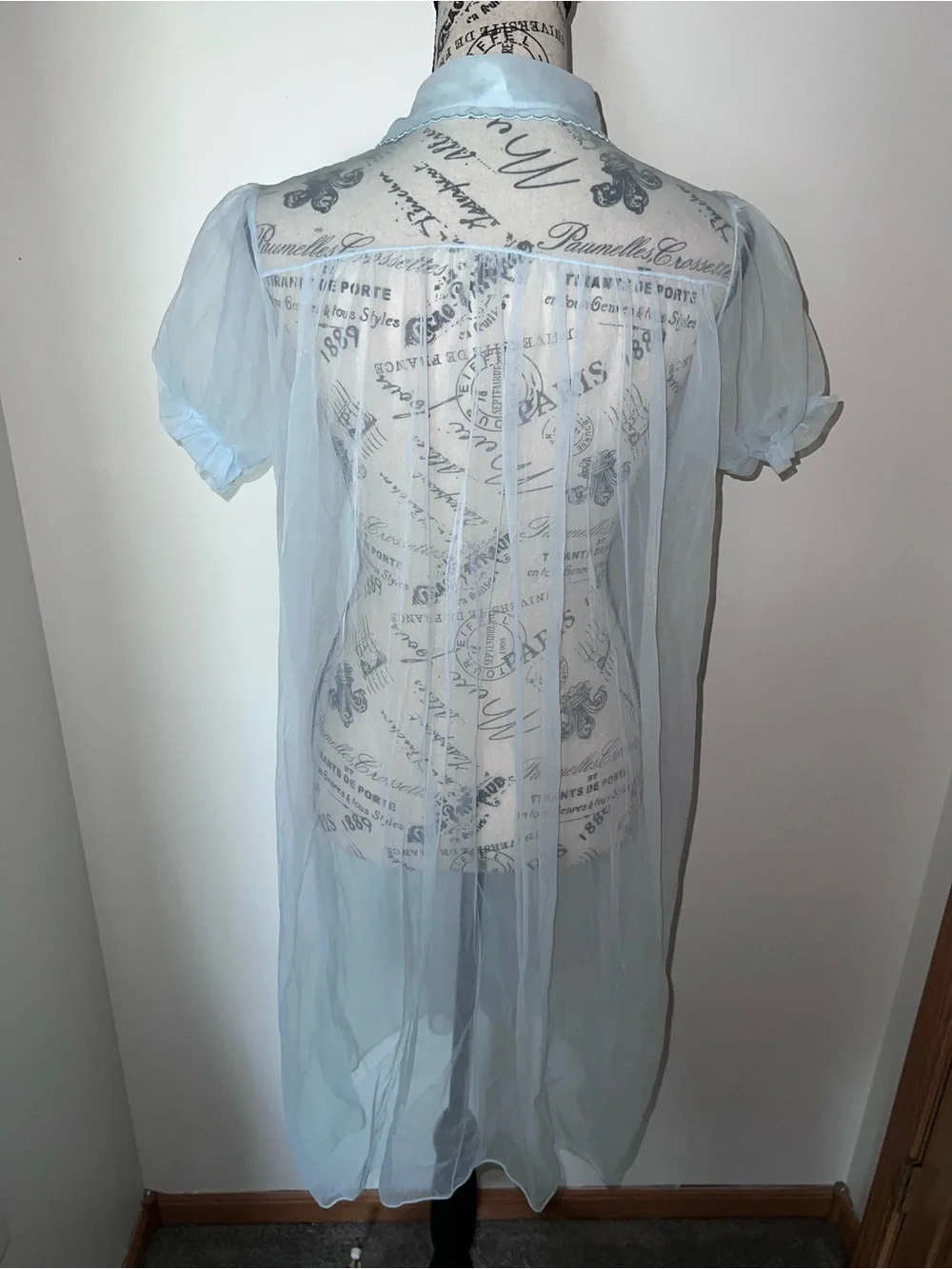 Vintage Sheer Blue Nylon Butterfly Embroidered Peignoir Robe Duster Medium - Picture 5 of 8